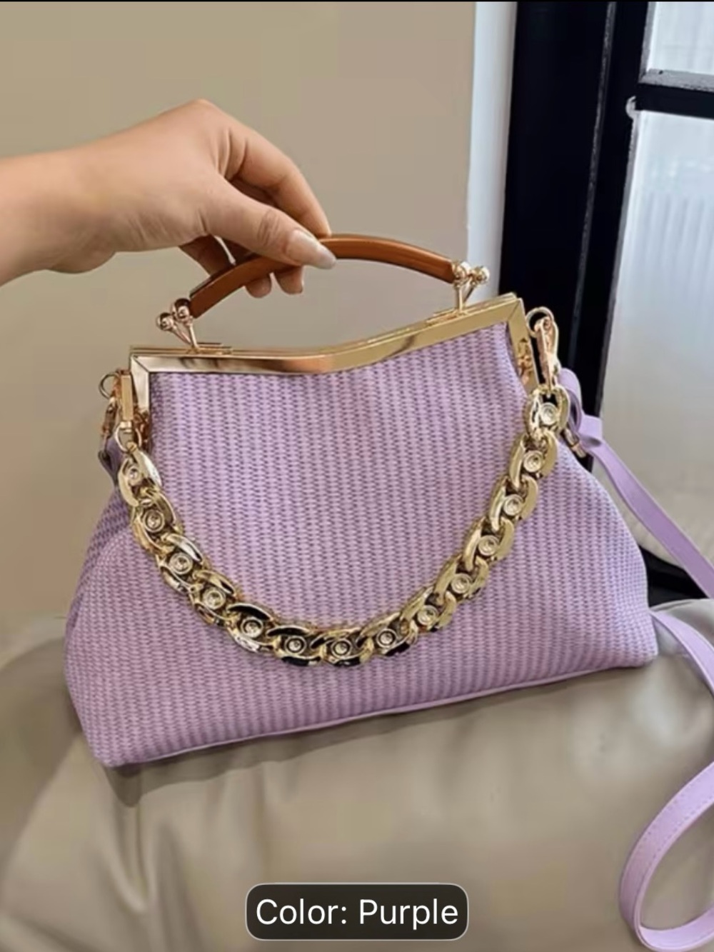 Purple Chain-Accent Top Handle Bag